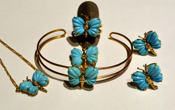 PARURE IN ORO GIALLO , DIAMANTI E TURCHESE