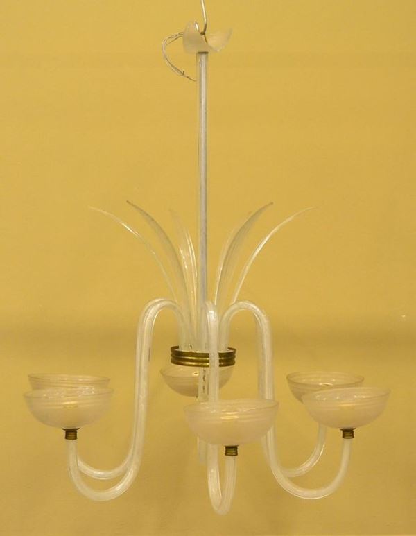 Lampadario, sec. XX, in vetro satinato,