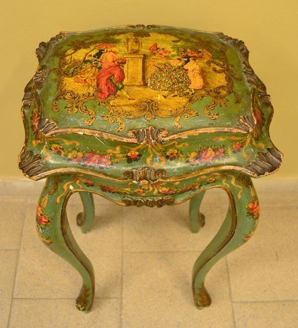 Tavolino da lavoro, Veneto, sec. XVIII, in legno laccato verde e pitturato