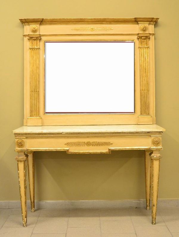 Consolle con sovrastante specchiera, sec. XIX, in legno laccato e