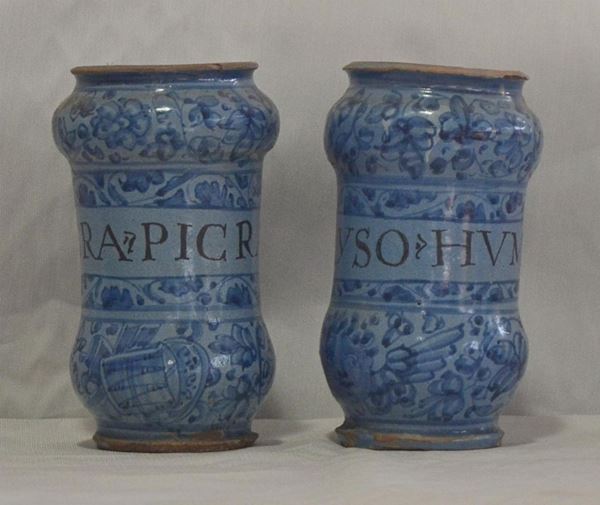 Coppia di albarelli, sec. XIX, in maiolica                           