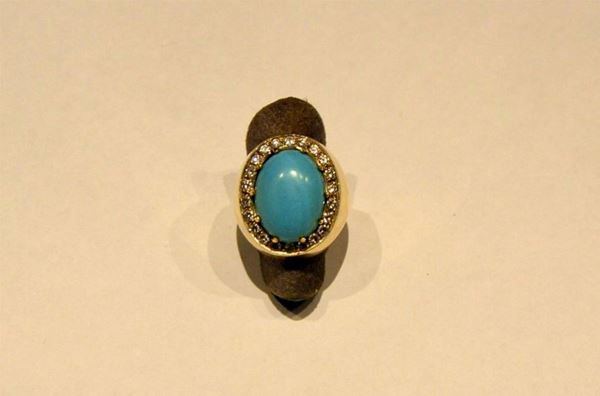 ANELLO IN ORO GIALLO , DIAMANTI E TURCHESE