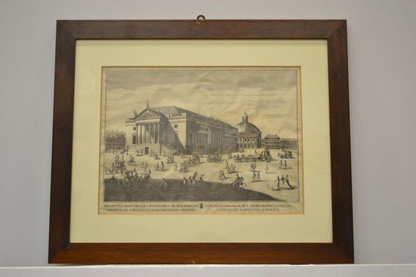 Dodici vedute di piazze e monumenti di Berlino, Roma, Vienna e Londra, sec. XVIII, in cornice, mm 315x430