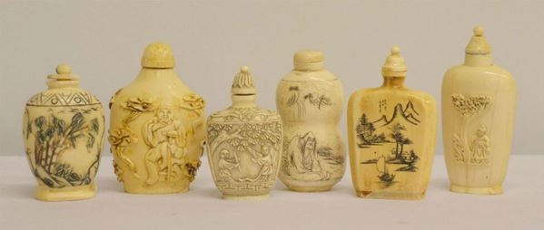 Sei snuff bottle, arte orientale, sec. XIX, in avorio decorato e
