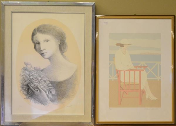 Due litografie, FIGURE FEMMINILI, firmate ( 2 )                             - Asta DIPINTI  MOBILI  OGGETTI D'ARTE - Poggio Bracciolini Casa d'Aste