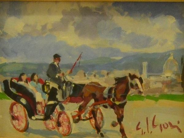 Gino Paolo Gori, CALESSE CON CAVALLO, olio su tela                        