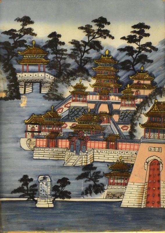 Dipinto su vetro, arte orientale, raffigurante PAESAGGIO                  
