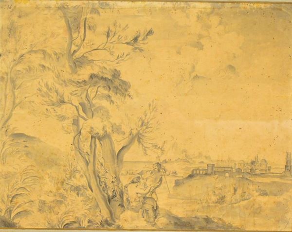 Disegno su carta, sec. XIX, raffigurante PAESAGGIO CON FIGURE             