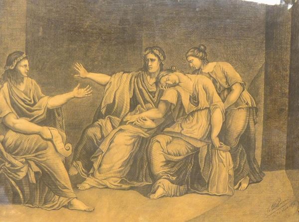 Disegno, sec. XIX, raffigurante DONNE ADDOLORATE                          