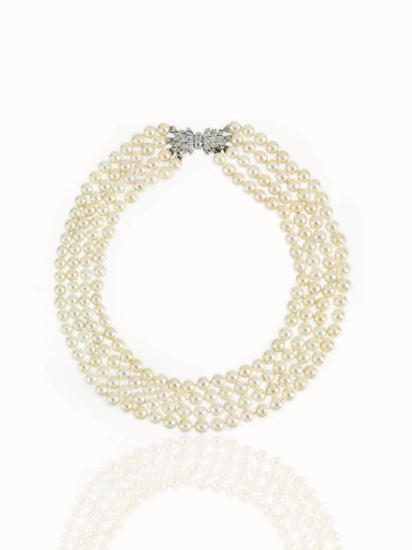 COLLANA IN ORO BIANCO, PERLE E DIAMANTI