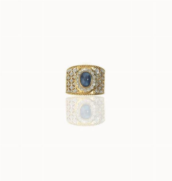 ANELLO IN ORO GIALLO, ORO BIANCO, DIAMANTI E ZAFFIRO  - Asta INTERNI - Poggio Bracciolini Casa d'Aste