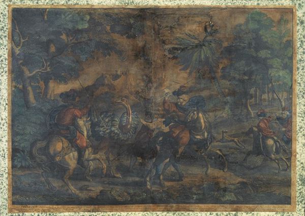 Quattro stampe acquerellate, scuola francese del sec. XVII