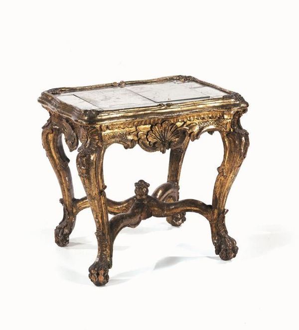 Tavolino, Toscana, sec. XIX, in legno dorato e intagliato, piano a specchi, cm 53x42x51, difetti&nbsp;&nbsp;&nbsp;&nbsp;&nbsp;&nbsp;&nbsp;&nbsp;&nbsp;&nbsp;&nbsp;&nbsp;&nbsp;&nbsp;&nbsp;&nbsp;