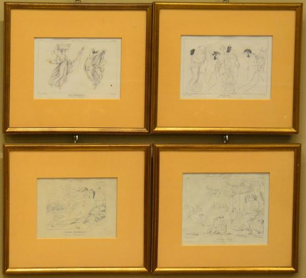 Quattro stampe, su carta, sec. XX, raffiguranti                             - Asta ASTA A TEMPO - MOBILI, DIPINTI, OGGETTI D'ARTE - Poggio Bracciolini Casa d'Aste