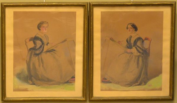 Due disegni acquerellati, fine sec. XIX, raffiguranti                     