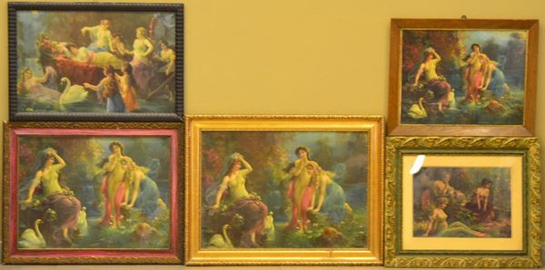 Cinque oleografie, sec. XX, raffiguranti                                    - Asta ASTA A TEMPO - MOBILI, DIPINTI, OGGETTI D'ARTE - Poggio Bracciolini Casa d'Aste