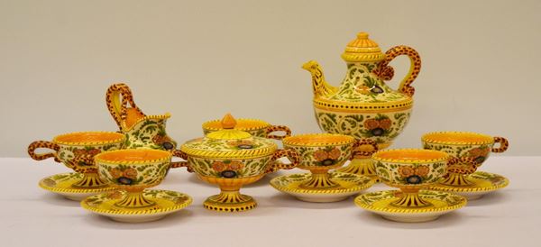 Servito da the, fine sec. XIX, in maiolica policroma pitturata a fiori,   