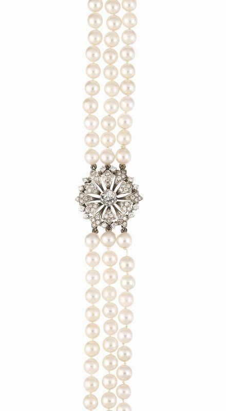 COLLANA GIROCOLLO IN ORO BIANCO, ORO GIALLO, PERLE E DIAMANTI