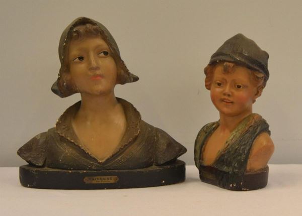 Due sculture, sec. XX, in gesso, raffiguranti busto&nbsp;&nbsp;&nbsp;&nbsp;&nbsp;&nbsp;&nbsp;&nbsp;&nbsp;&nbsp;&nbsp;&nbsp;&nbsp;&nbsp;&nbsp;&nbsp;&nbsp;&nbsp;&nbsp;&nbsp;&nbsp;&nbsp;&nbsp;