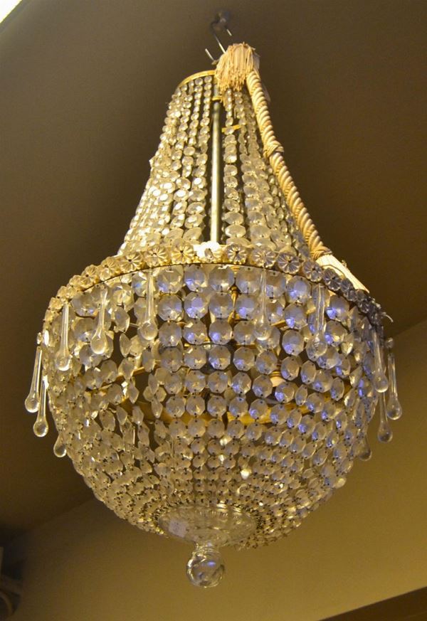 Lumiera a paniere, sec. XX, in metallo circolare  - Asta GIOIELLI, ARGENTI, MOBILI E DIPINTI - Poggio Bracciolini Casa d'Aste