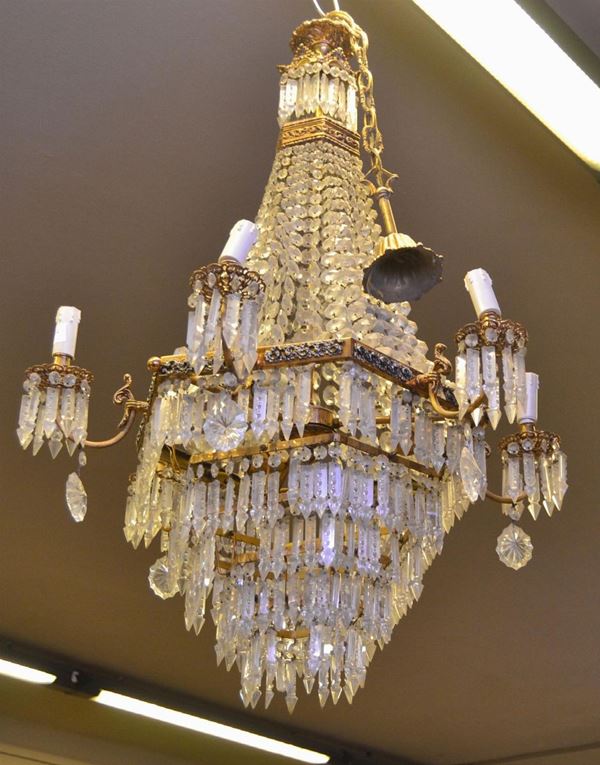 Lampadario, inizi sec. XX, in bronzo