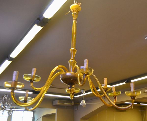 Lampadario, sec. XX, in vetro di Murano nei toni