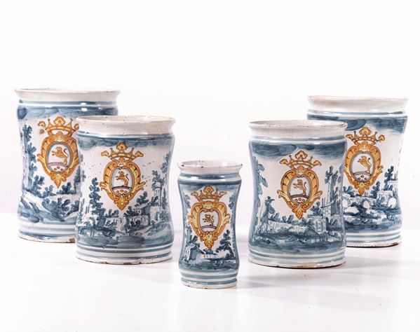 CINQUE ALBARELLI, LATERZA, SEC. XVIII  - Asta DECORAZIONE D'INTERNI - Poggio Bracciolini Casa d'Aste