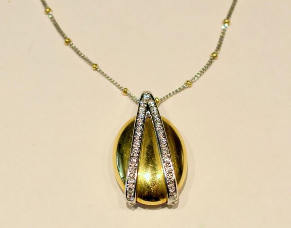 COLLANA E PENDENTE , IN ORO GIALLO,ORO BIANCO E DIAMANTI