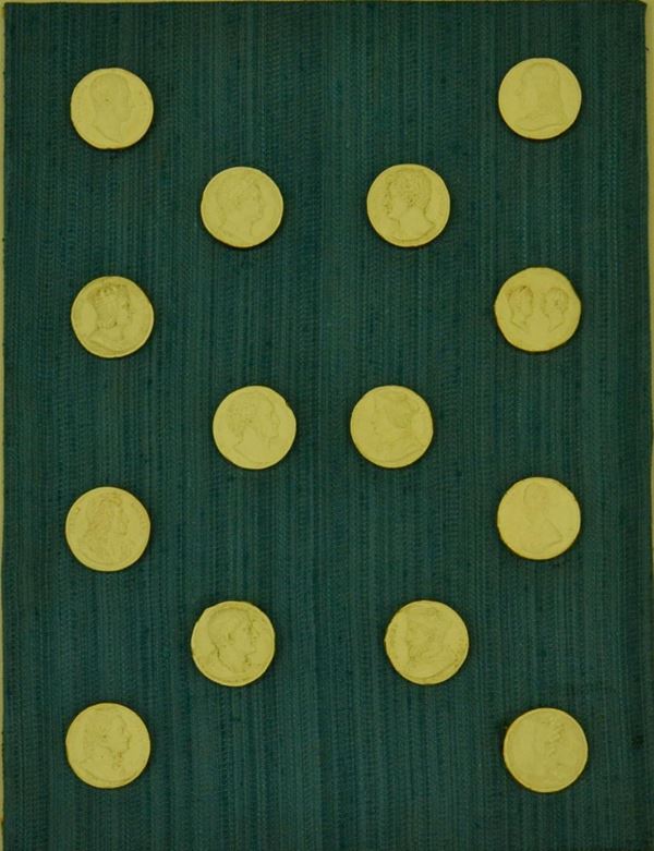 Quattordici calchi per monete, sec. XIX, in gesso,