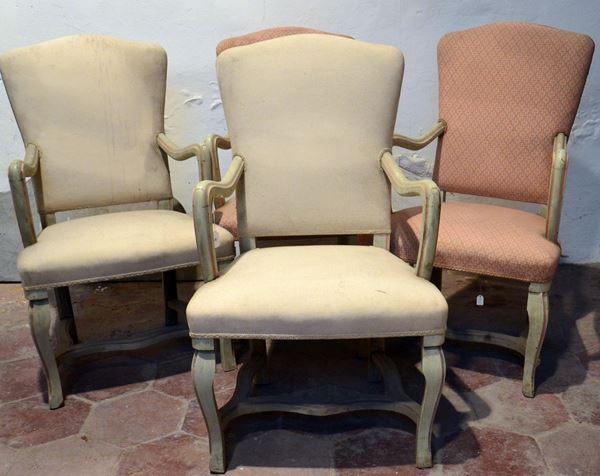 Quattro poltrone, sec. XX, in legno laccato, alt. cm 95