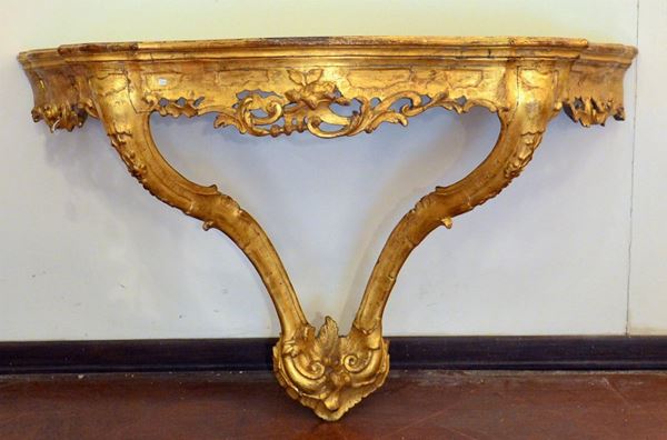 Consolle, sec. XIX, in legno laccato e intagliato,