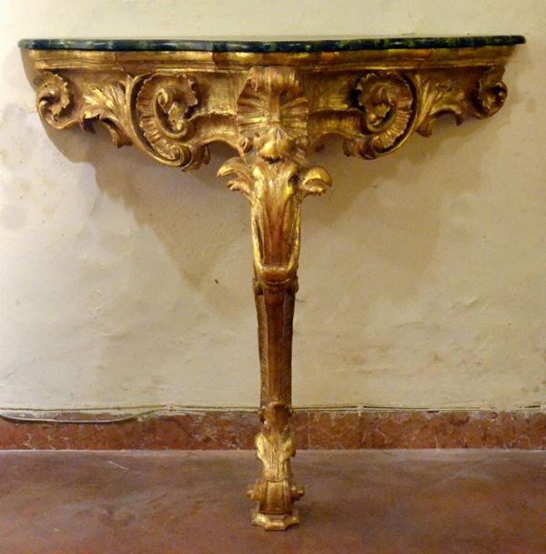 Consolle, sec. XIX, in legno dorato e