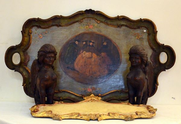 Vassoio, in stile 700, in legno laccato e decorato