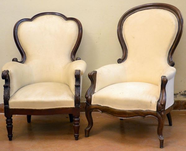Due poltrone, Luigi Filippo, sec. XIX, in mogano sagomato,  - Asta GIOIELLI, ARGENTI, ARREDI, OGGETTI D'ARTE E DIPINTI - Poggio Bracciolini Casa d'Aste