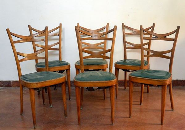 Sei sedie, sec. XX, in faggio, spalliere a stecche incrociate,