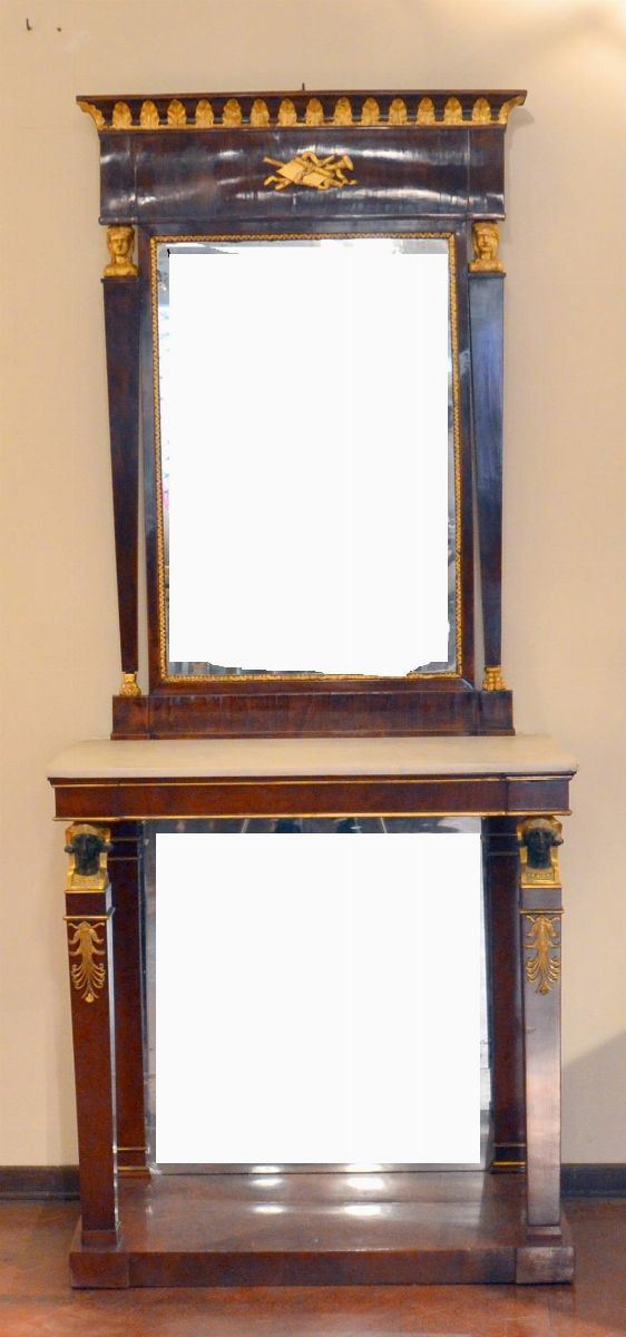 Consolle, Impero, in mogano , colonne laterali  - Asta GIOIELLI, ARGENTI, ARREDI, OGGETTI D'ARTE E DIPINTI - Poggio Bracciolini Casa d'Aste
