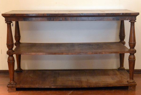 Console, sec. XX, in noce, due sottopiani  - Asta GIOIELLI, ARGENTI, ARREDI, OGGETTI D'ARTE E DIPINTI - Poggio Bracciolini Casa d'Aste