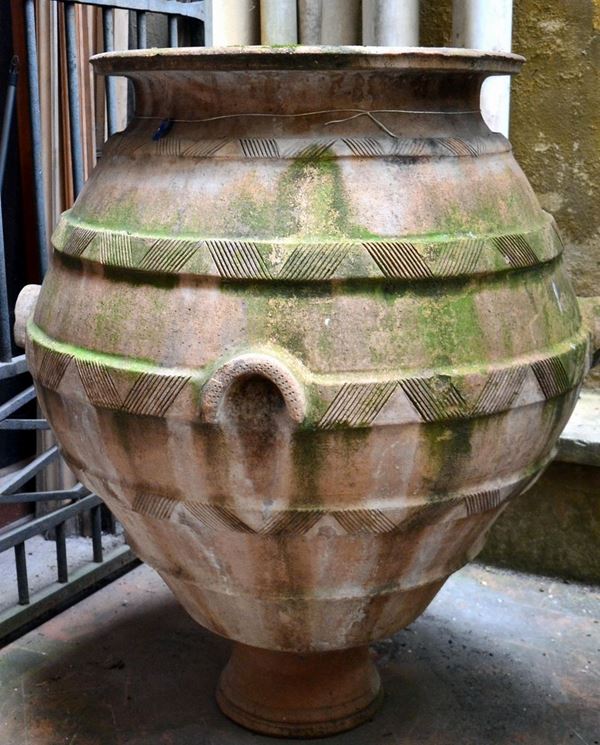 Orcio, sec. XIX, in terracotta, quattro manici,  - Asta GIOIELLI, ARGENTI, ARREDI, OGGETTI D'ARTE E DIPINTI - Poggio Bracciolini Casa d'Aste