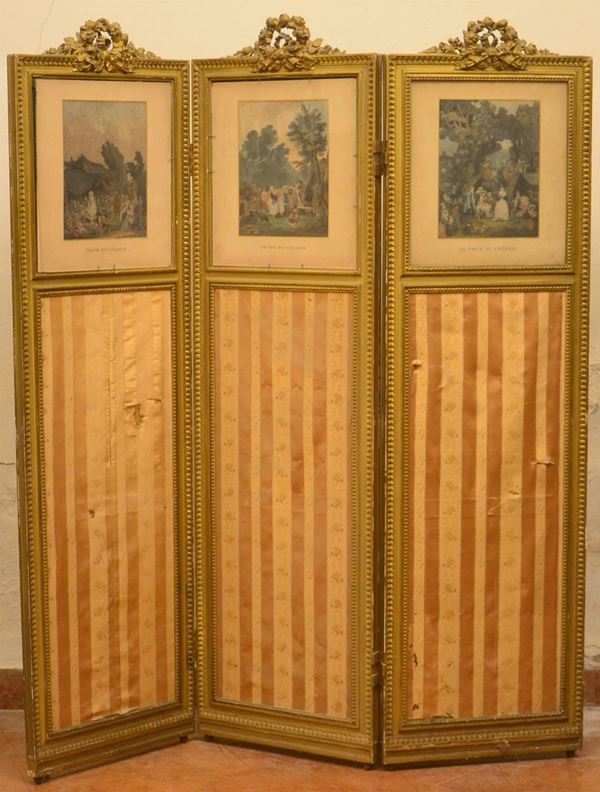 Paravento, inizi sec. XX, tre ante con cornici  - Asta GIOIELLI, ARGENTI, ARREDI, OGGETTI D'ARTE E DIPINTI - Poggio Bracciolini Casa d'Aste