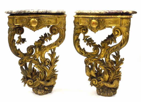 Coppia di consolle, Firenze, sec. XIX, in legno                              - Asta GIOIELLI, ARGENTI, ARREDI, OGGETTI D'ARTE E DIPINTI - Poggio Bracciolini Casa d'Aste
