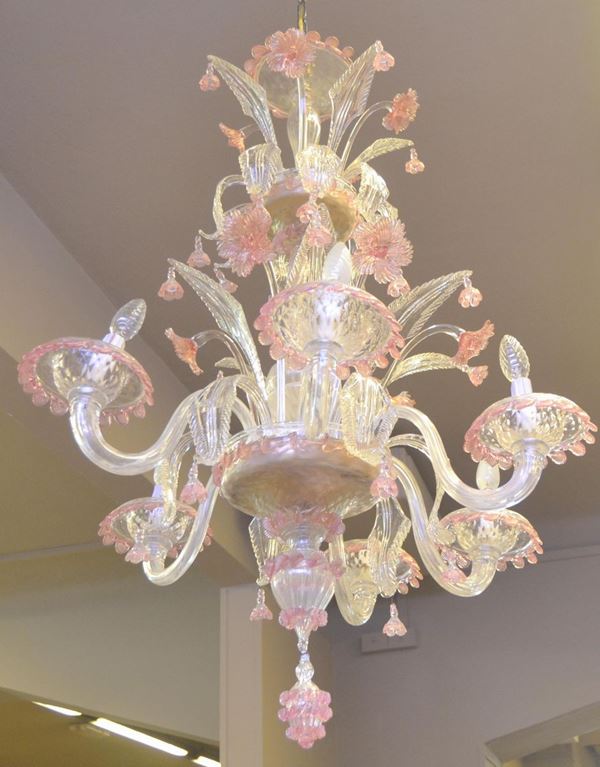 Lampadario, sec. XX, in vetro di Murano,