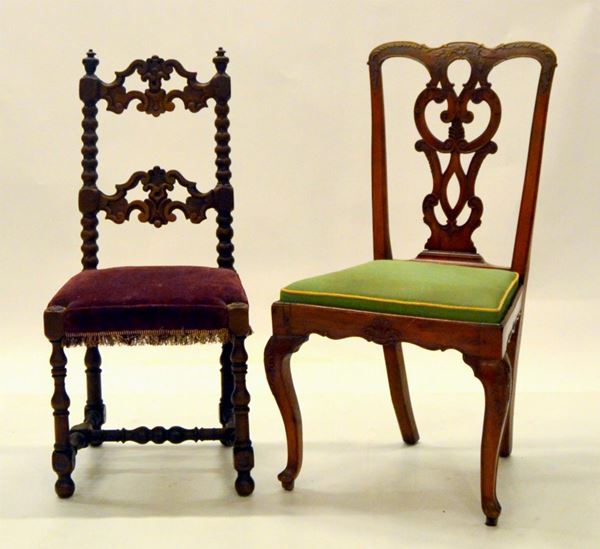 Sedia, sec. XX, in noce intagliato,  - Asta GIOIELLI, ARGENTI, ARREDI, OGGETTI D'ARTE E DIPINTI - Poggio Bracciolini Casa d'Aste