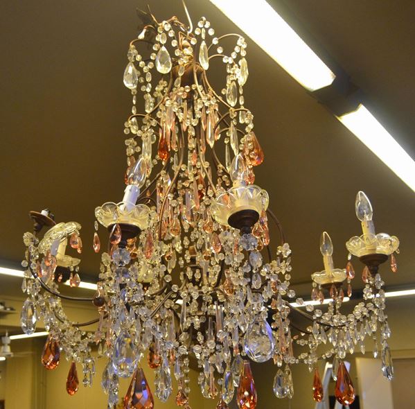 Lampadario, inizi sec. XX, in ferro battuto