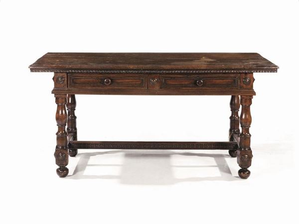 Tavolo, Emilia, sec. XVII, in noce, gambe tornite, due cassetti, , cm 160x72x78, restauri&nbsp;&nbsp;&nbsp;&nbsp;&nbsp;&nbsp;&nbsp;&nbsp;&nbsp;&nbsp;&nbsp;&nbsp;&nbsp;&nbsp;&nbsp;&nbsp;&nbsp;&nbsp;&nbsp;&nbsp;&nbsp;&nbsp;&nbsp;&nbsp;&nbsp;&nbsp;&nbsp;&nbsp;&nbsp;&nbsp;&nbsp;&nbsp;&nbsp;&nbsp;&nbsp;&nbsp;&nbsp;