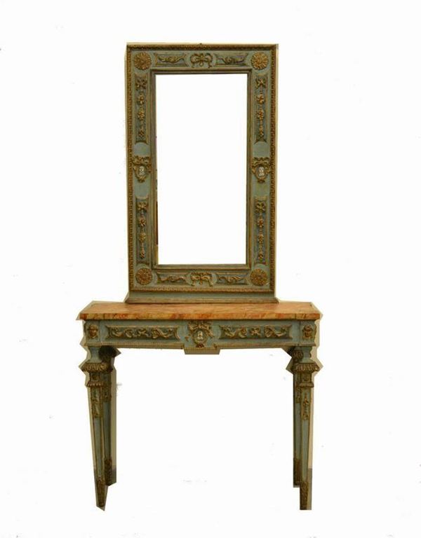 Consolle e sovrastante specchiera, in stile Veneto del sec. XVIII, in legno laccato e intagliato, cm 102x36x206