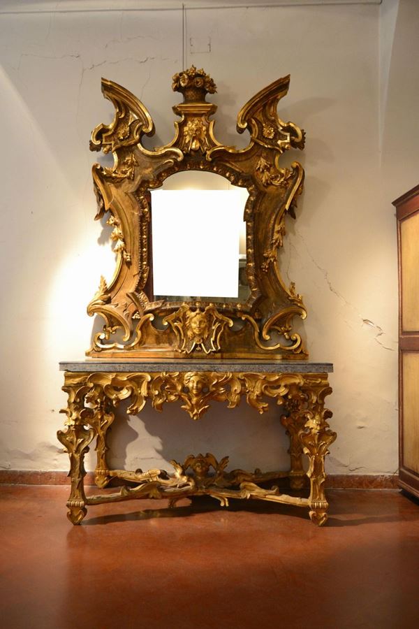 Specchiera, sec. XIX, in legno dorato e intagliato a