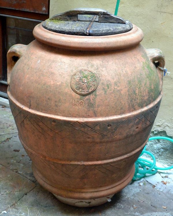 Orcio, inizi sec. XX, in terracotta decorata con  - Asta GIOIELLI, ARGENTI, ARREDI, OGGETTI D'ARTE E DIPINTI - Poggio Bracciolini Casa d'Aste