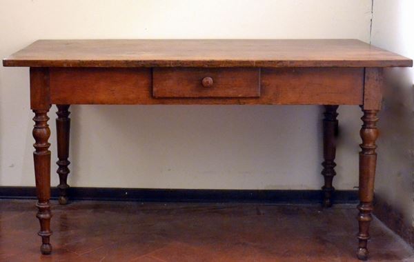 Tavolo, sec. XIX, in abete, un cassetto,