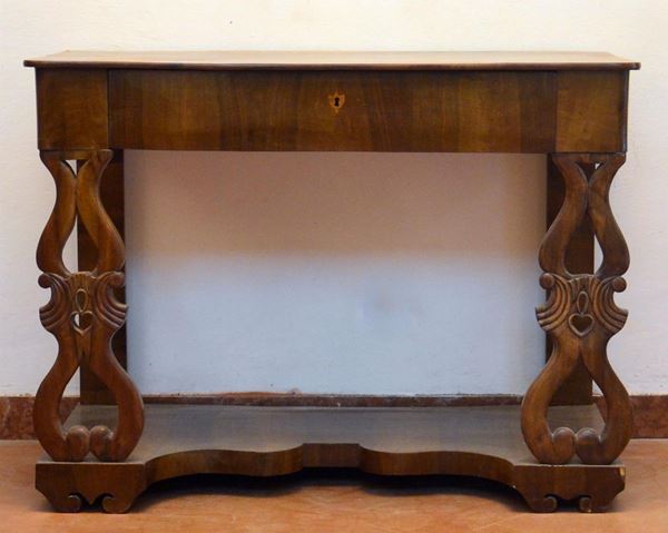 Consolle, sec. XIX, in noce, sostegni anteriori  - Asta GIOIELLI, ARGENTI, ARREDI, OGGETTI D'ARTE E DIPINTI - Poggio Bracciolini Casa d'Aste