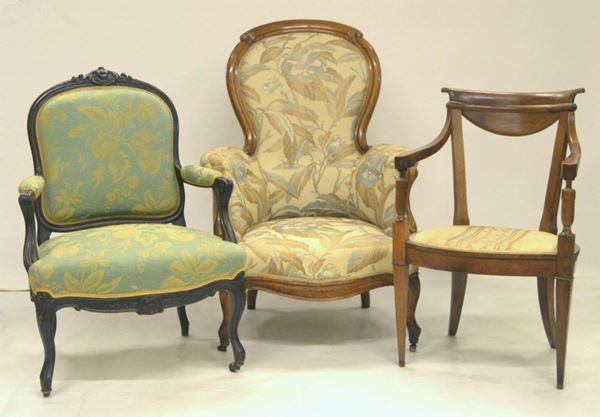 Poltroncina, Direttorio, in noce, spalliera sagomata,